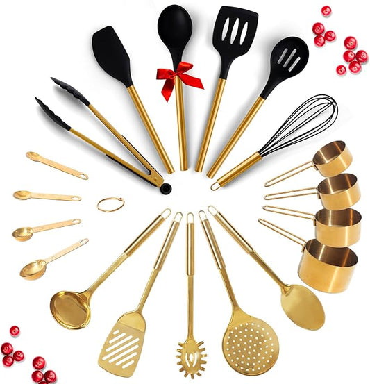 Black and Gold Kitchen Utensils Set - 19-PC Set Includes Stainless Steel and Silicone Cooking Utensils, Measuring Cups and Spoons - Black and Gold Kitchen Accessories for Stylish Cooking & Serving | Silicone Cooking Utensils, Measuring Cups and Spoons ... by STYLEDSETTINGS