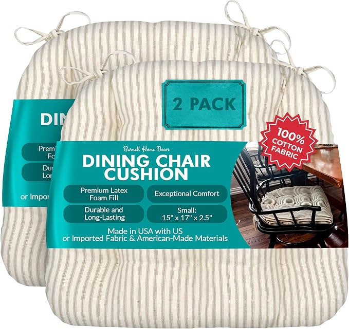 Barnett Home Decor Ticking Stripe Natural Dining Chair Pad with Ties - Pack of 2 Size 15 x 17 Chair Cushion - Latex Foam Fill - Machine Washable, Reversible, 100% Cotton, Made in USA (Beige Ivory) by BarnettHomeDecor