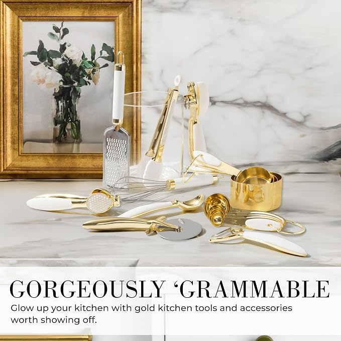 Styled Settings White & Gold Cooking Utensils Set, 8-Piece | Kitchen Utensils Set Includes Can Opener, Tongs and Garlic Press, White and Gold Kitchen Accessories for Kitchens - Image 5