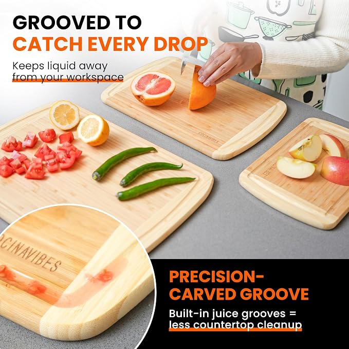Bamboo Cutting Board Set – Charcuterie & Chopping Boards for Kitchen, Large & Small Sizes, Safe Cutting Boards for Meat, Cheese, Pizza – Home & Kitchen Gift Idea - Image 3
