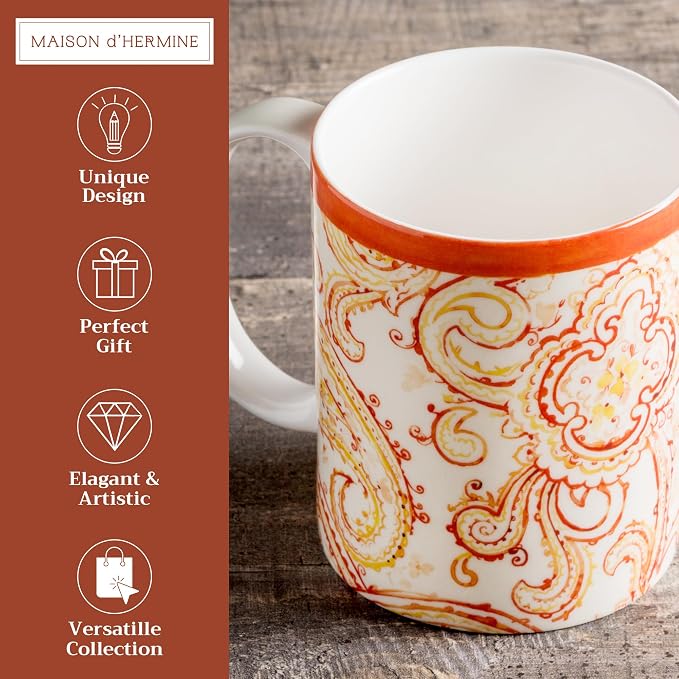 Maison d' Hermine Coffee Mug with Handles Tea Cups (15 Ounce, Pack of 1) | Fine Bone China Coffee Mugs for Hot Beverages Cappuccino Latte Home Hotel Spring Summer -Palatial Paisley - Paisley Autumn - Image 2