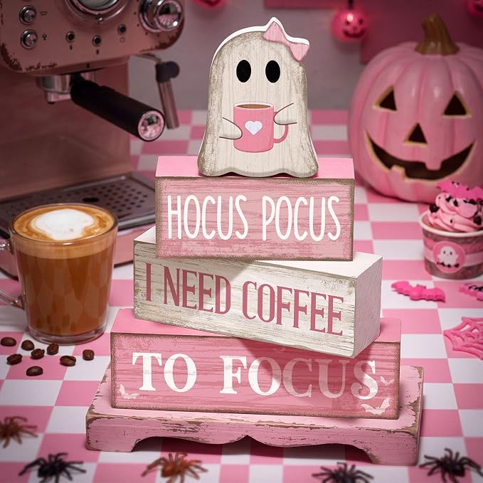 Moucuny 4 Pcs Pink Halloween Table Decorations Coffee Ghost Wooden Stacked Block Decor, "Hocus Pocus I Need Coffee to Focus" Signs, Cute Rustic Halloween Tiered Tray Decor for Home Kitchen Office Bar - Image 2