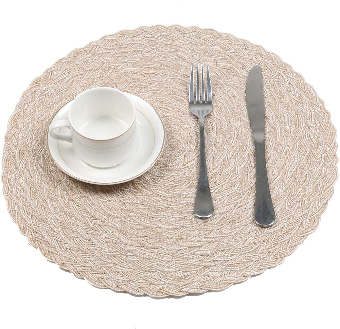 SHACOS Round Braided Placemats 15 inch Set of 4 Boho Woven Washable Kitchen Table Placemats for Home Wedding Party (T-Beige, 4) - Image 5