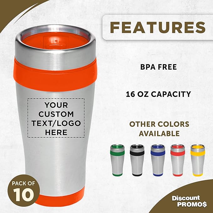 Custom Insulated Stainless Steel Travel Mugs 16 oz. Set of 10, Personalized Bulk Pack - Perfect for Coffee, Soda, Other Hot & Cold Beverages - Orange