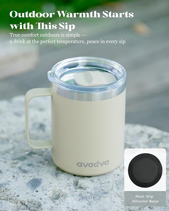 12oz Insulated Coffee Mug with Lid – Includes Two Lids, Stainless Steel Coffee Travel Mug with Handle, Double Wall Vacuum Insulated Camping Mug for Home, Office & Outdoor, Brown - Image 6