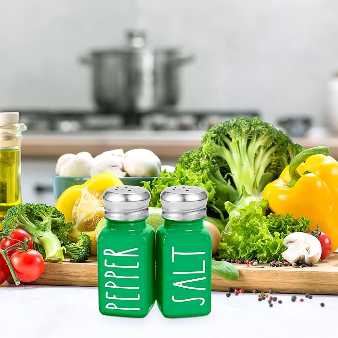 Green Salt and Pepper Shakers Set by Brighter Barns - Modern Farmhouse Kitchen Decor for Home, Restaurants, Airbnb - Cute Kitchen Decor and Accessories - Glass Shakers & Stainless Steel Lids (Green) - Image 7