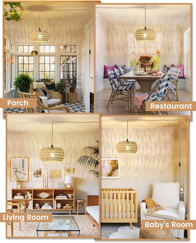 Rattan Boho Hanging Light,12.6'' Natural Hand Woven Fabric Drum Light,Plug Into Wall Outlet Pendant Light Fixture On/Off Switch for Dining,Living Room,Bedroom,Kitchen,Hallway Entryway, Without Bulb - Image 6