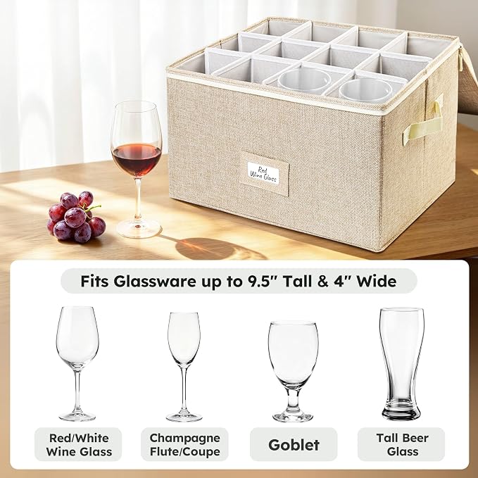 LotFancy Stemware Storage Container for Moving, Hard Shell, Stackable Wine Glass Storage Box with Dividers & Handles, Crystal Glassware, Champagne Flute, Drinkware Case, Beige - Image 8