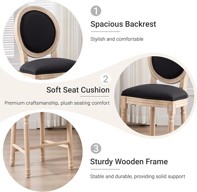 French Country Barstool, Linen Farmhouse Counter Height Chair | Set of 2, with Cushion Round Back and Solid Wood Legs, Oval Chairs for Restaurant, Bar, Kitchen, Café, Black - Image 4