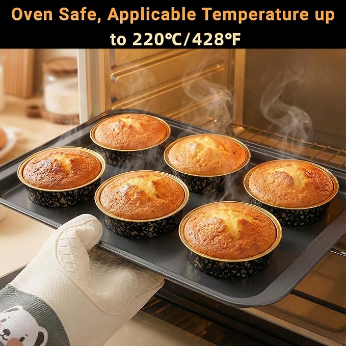 Beasea 4 Inch Pie Tins with Lids, 50 Pack 7.3 Oz Disposable Mini Tart Tins, Aluminum Foil Baking Tins Small Round Muffin Container Mini Cheesecake Cups for Pie Tart Quiche - Black Gold Speckles - Image 4