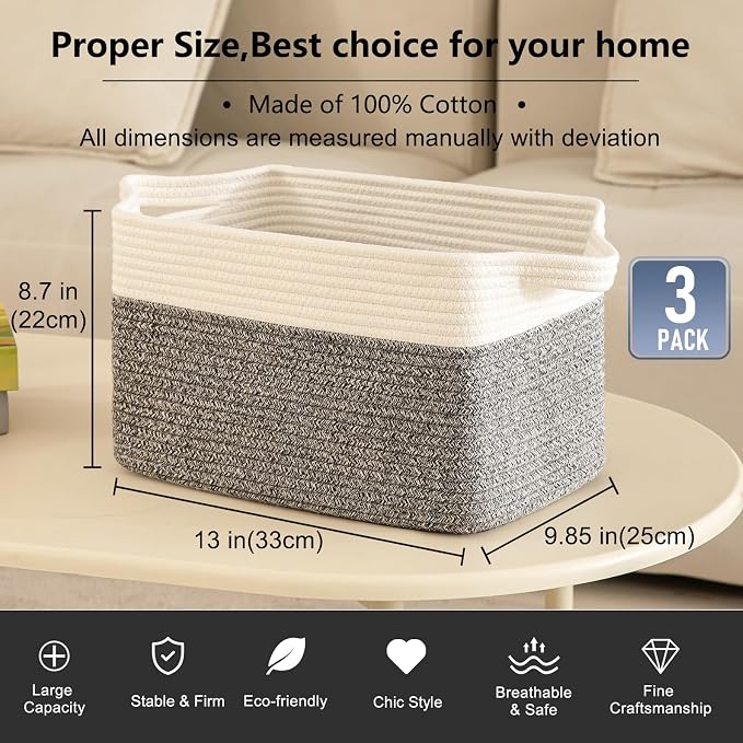 OIAHOMY 3 Pack Storage Basket for Organizing, 13''X9.85''X8.7'' Woven Storage Bins with Handles, toy organizers,Stylish Room Decor, Black variegated - Image 3