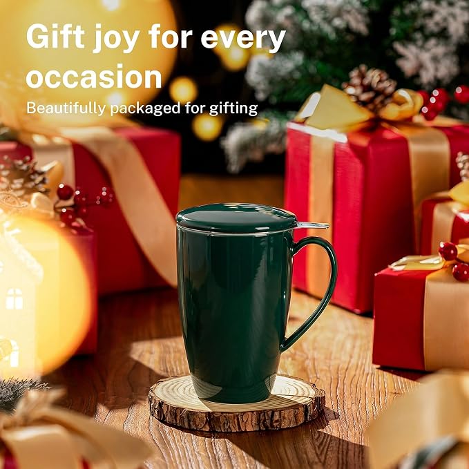 Sweese 15 OZ Porcelain Tea Mug with Infuser and Lid, Loose Leaf Tea Cup, Gifts for Tea Lover, Dark Green - Image 6