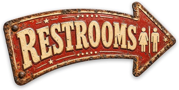Restrooms Right-Pointing Arrow Sign | powder-coated metal, vintage, durable print, ready to hang by MRC+Wood+Products