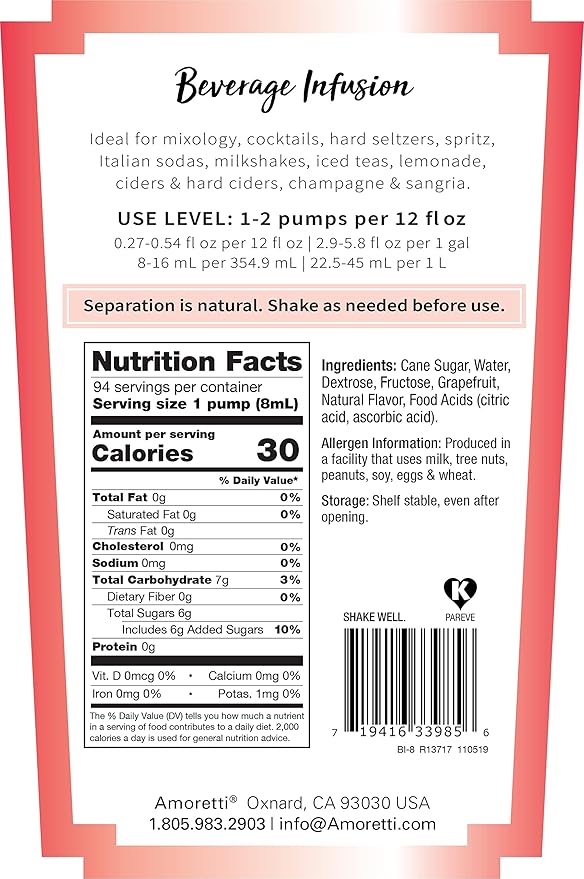 Amoretti - Grapefruit Beverage Infusion, (10 lbs) - Drink Mix & Water Enhancer with Pump for Flavoring Cocktails, Waters, Teas, Mocktails, and other Beverages, Preservative Free, Gluten Free
