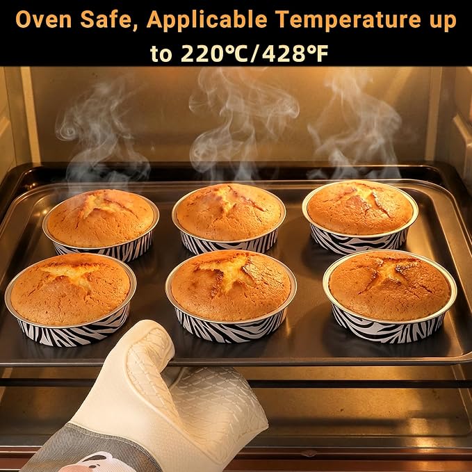 Beasea Mini Tart Pans with Lids 50 Pack, 4" 7.3oz Disposable Aluminum Foil Baking Tins Cups Round Pie Container for Individual Cupcake Dessert Muffin Cheesecake Quiche - Zebra Stripes - Image 5