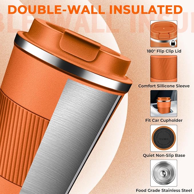 Insulated Coffee Tumbler 12 oz, Stainless Steel Coffee Mug with Lids, Travel Coffee Mug Leak Proof, Double Wall Vacuum Insulated Reusable Coffee Cup, Keep Drinks Hot and Cold (Orange, 12 Ounces) - Image 4