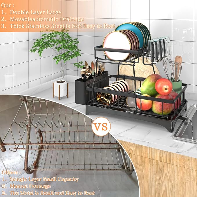 Godboat 2-Tier Dish Drying Rack - Dish Rack with Auto Drain-to-Sink & Mat | Dish Racks for Kitchen Counter, Dish Drainer with Knife Fork & Cup Rack, Gifts for Women, Mothers Day, Kitchen Gadgets, Black - Image 5