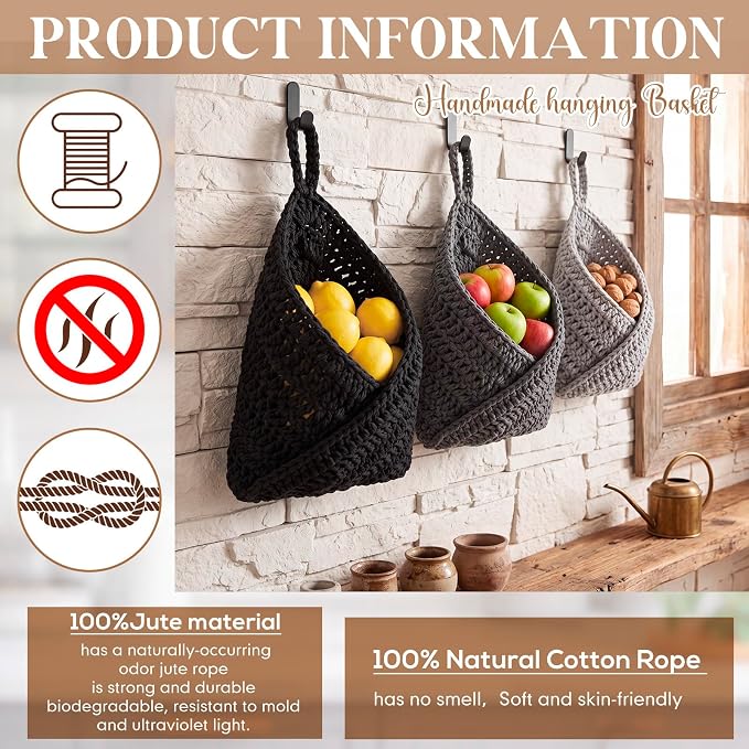 Honeydak Boho Decor Hanging Wall Baskets for Kitchen 3 Pack Teardrop Baskets with Hooks Storage Fruit Onion Vegetable Potato for Home(Light Grey, White, Dark Grey,Triangle,Cotton Rope) - Image 3