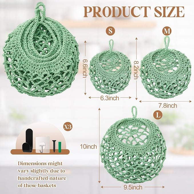 Honeydak Boho Decor Hanging Wall Baskets for Kitchen 3 Pack Teardrop Baskets with Hooks Storage Fruit Onion Vegetable Potato for Home(Sage Green,Crochet,Cotton Rope) - Image 2