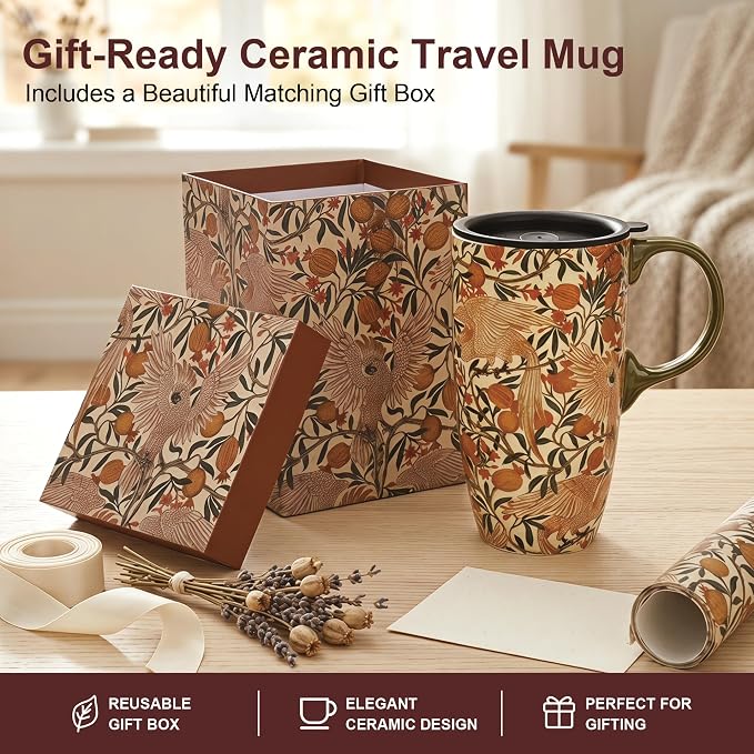 Topadorn 17oz Ceramic Travel Mug with Lid, William Morris, Gift Box | Pomegranate Parrot Coffee Mug, Vintage Botanical Latte Cup, Microwave & Dishwasher Safe - Image 7