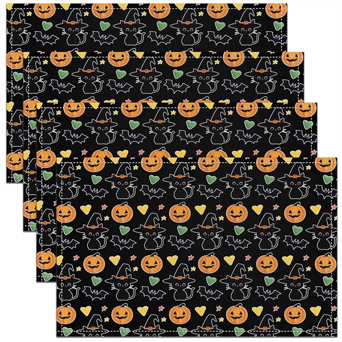 Feelyou Happy Halloween Placemats Set of 4 Pumpkin Lantern Table Mats for Party Kitchen Dining Decoration Black Orange Green Place Mat for Table Holiday Decor Indoor Outdoor 18"x12" Non-Slip by Feelyou