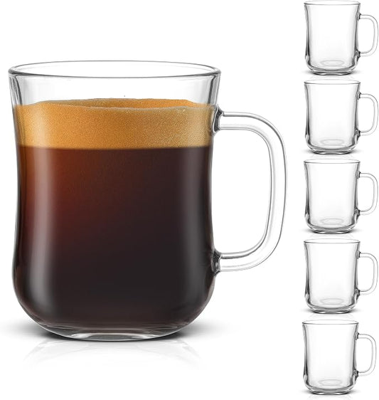 JoyJolt Glass Coffee Cups - 15.5oz Diner Mugs Set of 6. Bar Accessories, Cafe Style Clear Mug, Cappuccino, Latte, Tea Cup, Large Espresso Glasses by JoyJolt