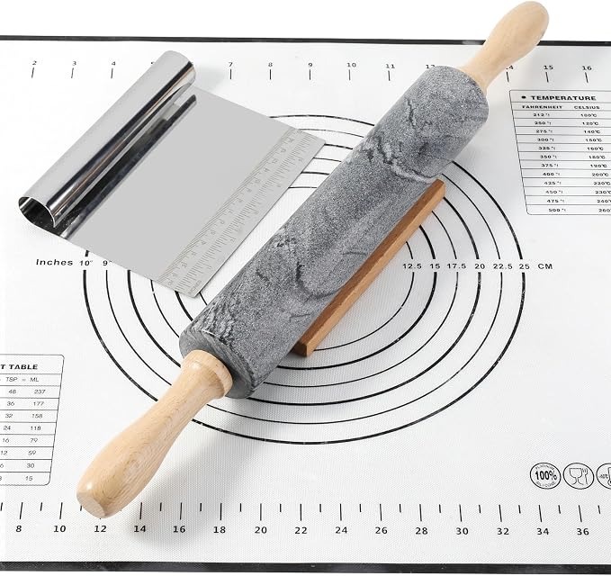 African Natural Marble Rolling Pin, Non-Stick Polished Dough Roller, Pasta, Dumpling, Fondant, Pie Crust, Bread, Pizza Dough, Kitchen Baking Pastry Tools with Mat/Scraper(Monte Grigio) by Koville
