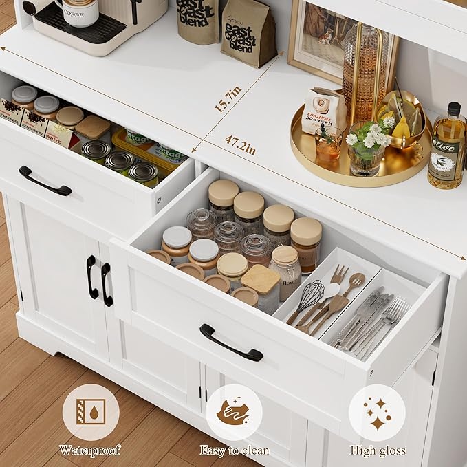 BOTLOG 71" Large Pantry Storage Cabinet with Microwave Stand | Tall Hutch Cabinet with Glass Doors 8 Storage Compartments for Dining Room, Modern White - Image 6