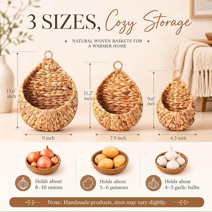 Honeydak Boho Decor Hanging Wall Baskets for Kitchen 3 Pack Teardrop Baskets with Hooks Storage Fruit Onion Vegetable Potato for Home 3 Sizes(Water Hyacinth,Teardrop,Jute) - Image 2