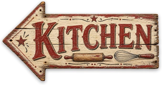 Kitchen Left-Pointing Arrow Sign — Die-Cut Metal Directional Wall Decor | barnwood look, rustic, durable print, ready to hang by MRC+Wood+Products