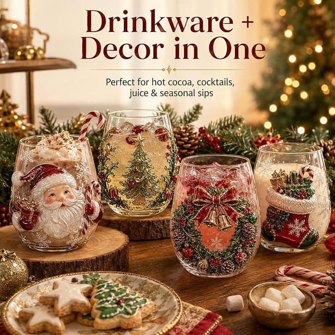 Christmas 3D Stemless Glass Cup Snowman 14oz Holiday Tumbler，C | Hand Painted Design, Festive Table Decor, Holiday Party Use, Collectible Glassware, 3D Ornament Detail - Image 2