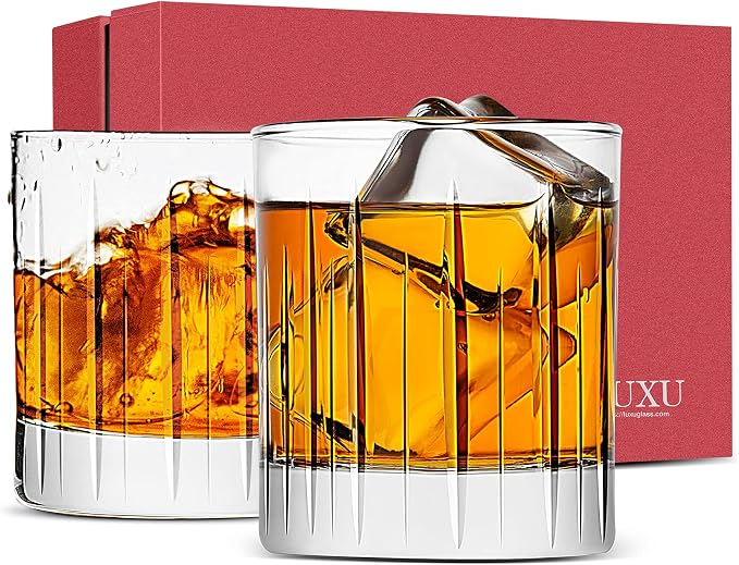 LUXU Crystal Whiskey Glasses 11 Ounce Scotch Glasses,Old Fashioned Cocktail Glasses,Clear Bourbon Glasses with Heavy Base for Bar,Party,Rum,Cognac/2 Rock Glasses in Gift Box-Hand Cut by LUXU