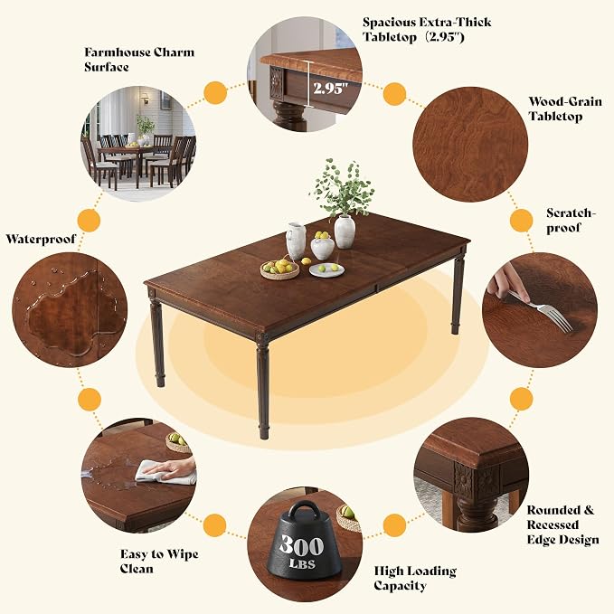 AMERLIFE 79" Solid Wood Farmhouse Dining Table with Roman Legs, Brown | Roman Conical Legs, Large Dining Surface, Solid Wood Tabletop, Family Gathering Furniture, Dark Brown Finish - Image 4
