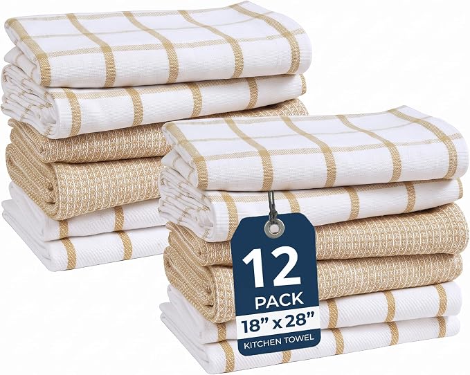 LANE LINEN Kitchen Towels & Dishcloths Set of 12-100% Cotton, Quick-Drying 18” x 28” Absorbent Dish & Tea Towels, Soft Hand Towels for Kitchen - Beige by LaneLinen