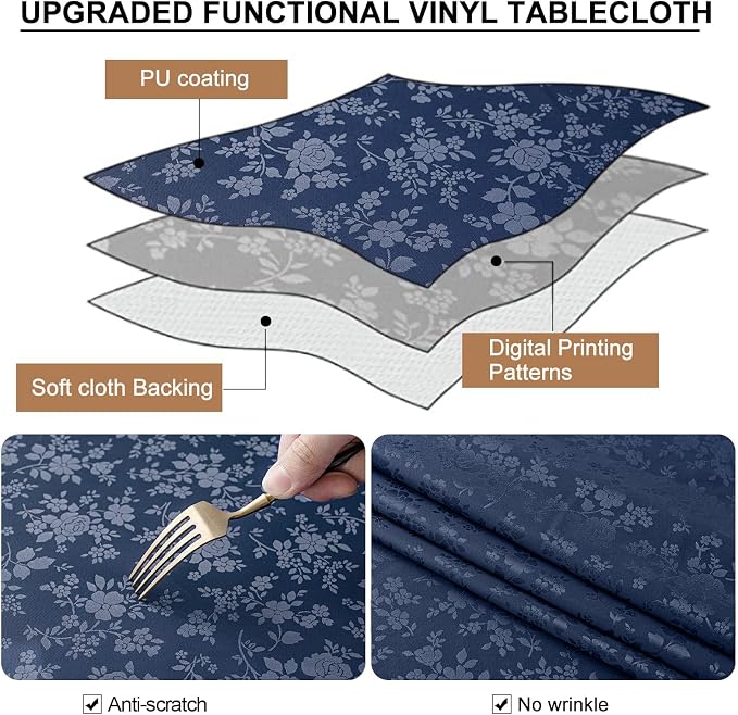 Smiry Rectangle Table Cloth, Waterproof Heavy Duty Vinyl Tablecloths, Wipeable Washable Table Cover for Kitchen and Dining Room (Navy Blue, 60" X 120") | Wipeable Washable Floral Embossed Table Cover for Kitchen and Dining Room, Indoor & Outdoor Use, N... - Image 3