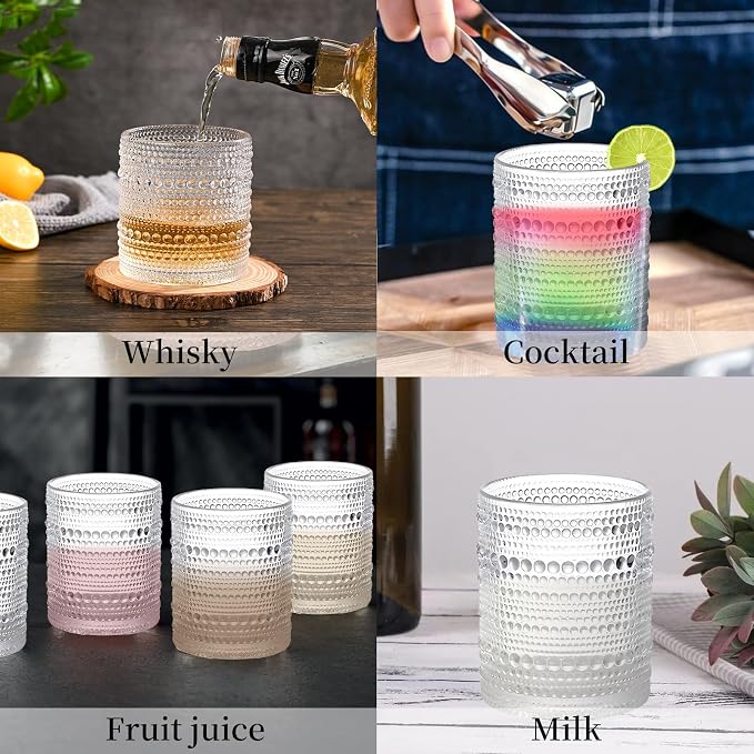 Set of 4 Hobnail Drinking Glasses,15.2 Oz Romantic Water Glasses, Clear Embossed Design Vintage Glassware, Cocktail Glasses, Beaded Drinking Glasses for Water, Beer, Juice(15oz+4") - Image 2