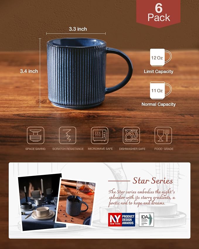 famiware Coffee Mug Set for 6, Star 12 oz Catering Mugs Cup Set with Handle for Coffee, Tea, Cocoa, Milk - Ceramic Stoneware Drinkware Set, Nebulas Blue - Image 4