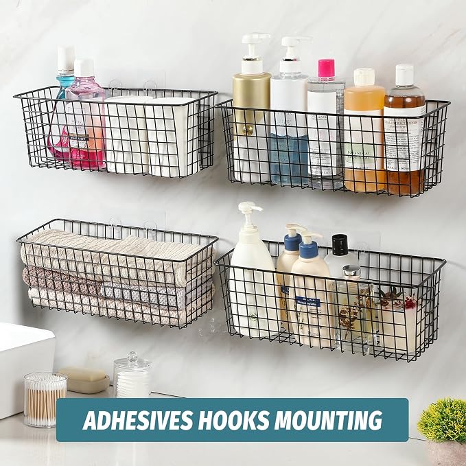 4 Set [EXTRA LARGE] Hanging Wall Mount Storage Baskets with Adhesive Hooks & Steel Hooks, Multiuse Sturdy Wire Metal Organizing Baskets for Home Kitchen Bathroom Pantry Utility Organizer, Black - Image 6