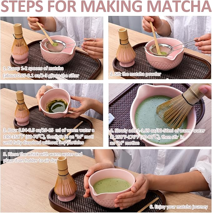 Joyscale Matcha Whisk Set, Matcha Set Whisk And Bowl, 8 Pcs Matcha Kit Set(Texture Design), 16 OZ, Japanese Matcha Tea Set, Matcha Making Kit Gifts for Tea Lovers(Pink)