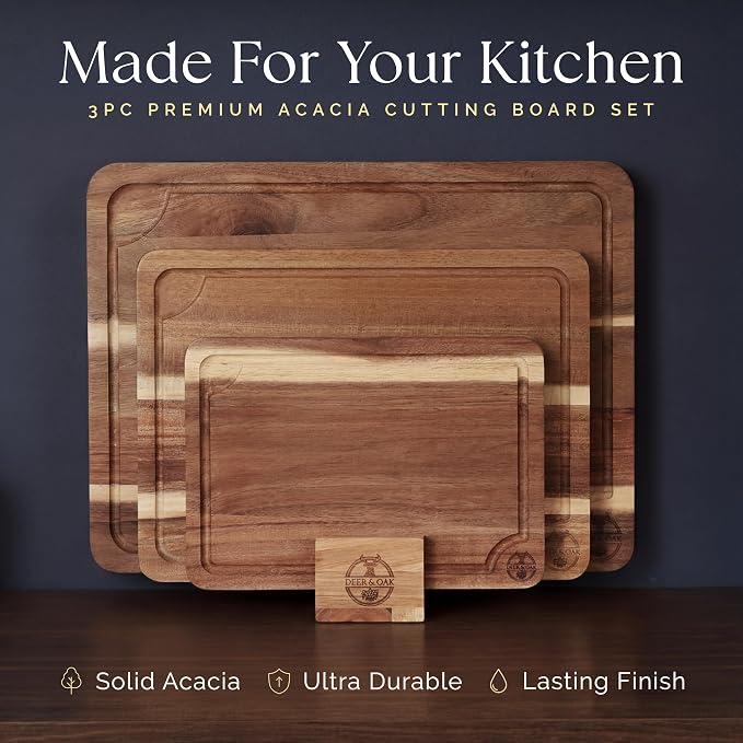 Pre-Oiled, Non Toxic 3-Piece Acacia Cutting Board Set with Stand | 15.7 x 11.8 in, 13 x 9.4 in, 10.2 x 7.1 in · FSC certified · Includes 3.4 fl oz oil · Deer & Oak - Image 2