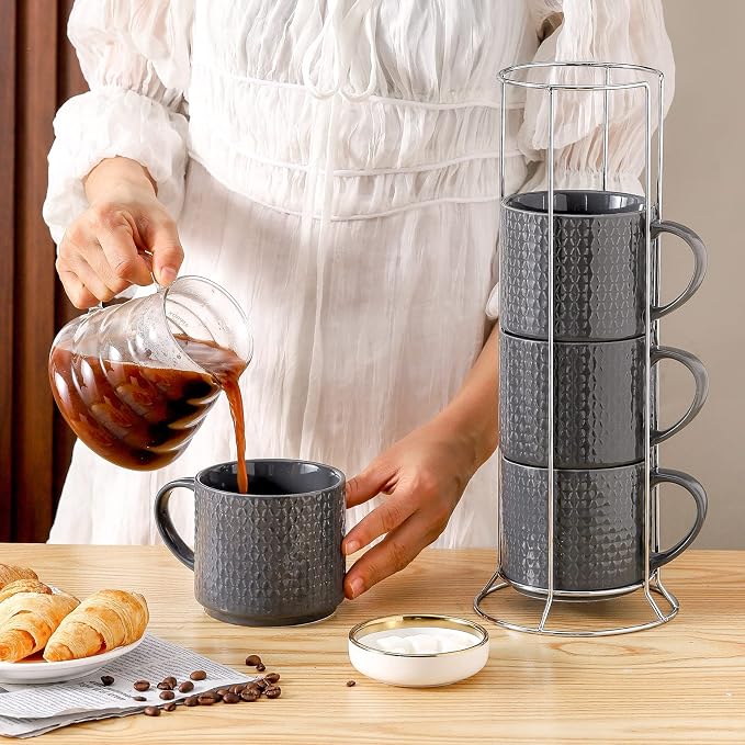 Hasense Coffee Mugs Set of 4 with Stand, 15 oz Porcelain Stackable Coffee Cups Set with handle for Tea, Latte, Milk and Cappuccino, Grey Embossed Tea Cups Set with Geometric Patterns for Men and Women - Image 7