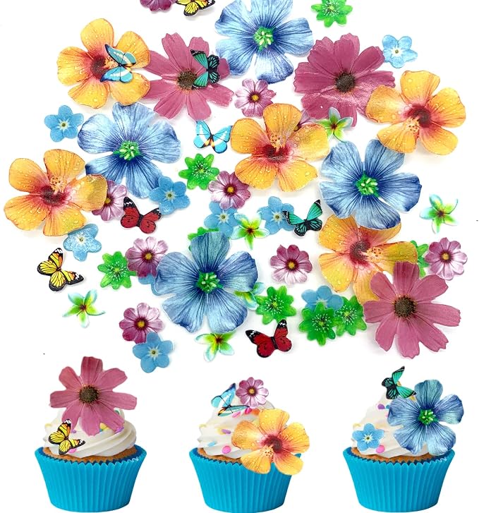 Weraru 58Pcs Edible Butterfly and Flowers Cake Topper Cupcake Toppers Wedding Themed Party Birthday Cake Decoration Mixed Size & Colour - Image 2