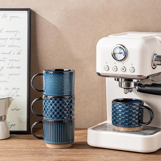 GBhome 6 OZ Stackable Coffee Mugs Set of 4, Ceramic Coffee Cups Set | 4 Assorted Designs, Embossed Mugs with Texture Patterns for Espresso/Tea, Dishwasher&Microwave Safe, Deep Sea - Image 4