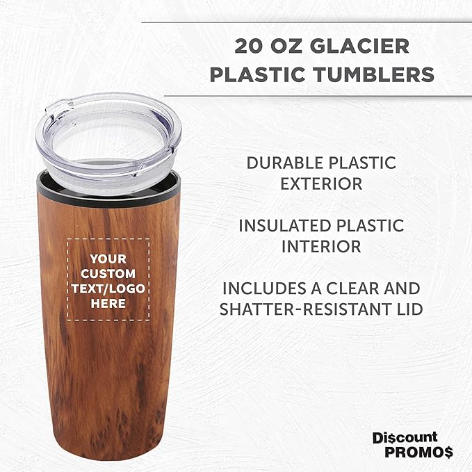 Custom Plastic Tumblers 20 oz Set of 6/12/24 Personalized Bulk Pack with Lids, Ice Coffee Tumbler, To Go Cup Insulated - Wood