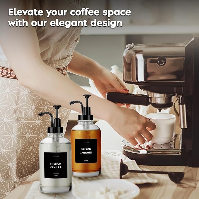 Coffee Syrup Dispenser with Pump - Includes 24 Flavor Labels - Glass Syrup Dispenser for Coffee Bar - Elevate your Beverage Station with 16.9 fl oz Flavoring Container Bottles, 2pcs, Black