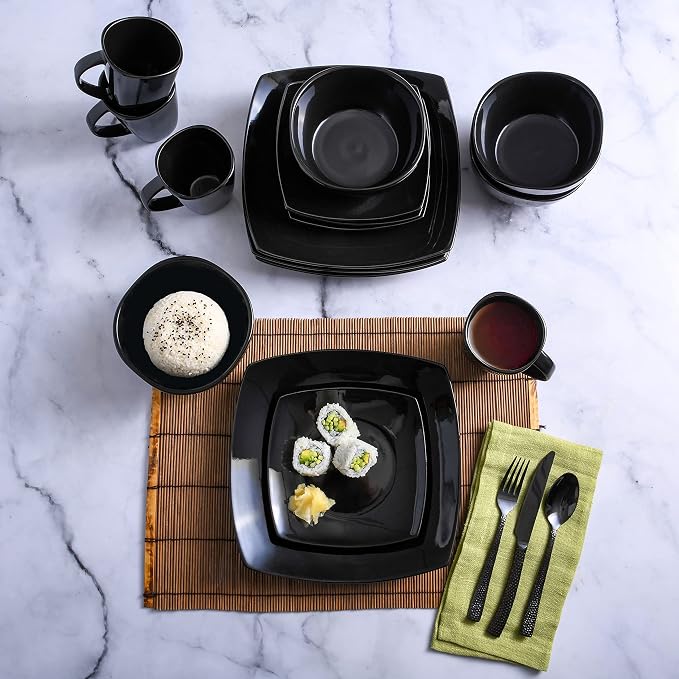 Gibson Elite Soho Lounge Square Reactive Glaze Stoneware Dinnerware Set, Service for 4 (16pc), Black - Image 5