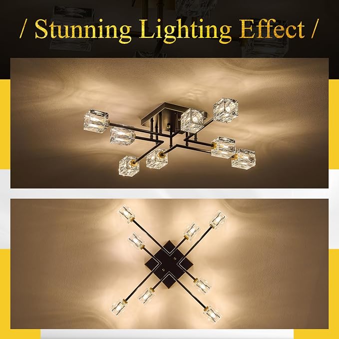 Modern Black Gold Sputnik Chandeliers 8-Light Crystal Semi Flush Mount Ceiling Light Industrial L 31.5" Chandelier Lighting for Living Room Dining Room Foyer Entryway Kitchen Bedroom - Image 7