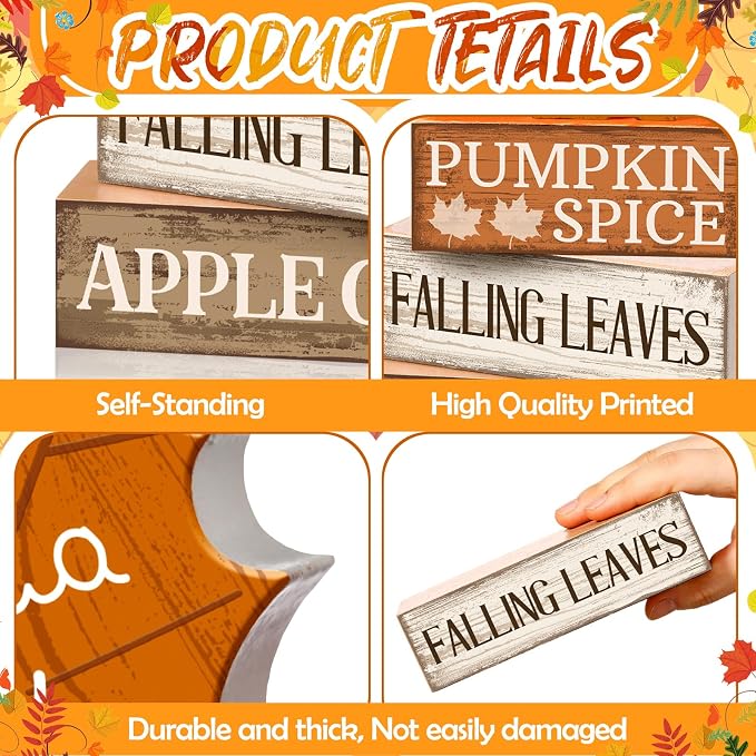 Moucuny 4 Pcs Fall Decor Wooden Maple Leaf Decoration Thanksgiving Tiered Tray Decor Rustic Wooden Maple Leaf Block Sign Thanksgiving Table Centerpiece Farmhouse for Autumn Harvest Party Home Kitchen - Image 6