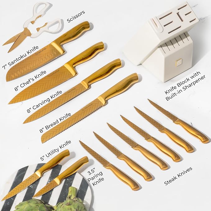 Styled Settings Gold Knife Set with Block and Sharpener, 14-Piece | Stainless Steel, Titanium Gold Knives with Pattern and Knife Block with Built-in Sharpener, Durable, Gold Kitchen Accessories - Image 4