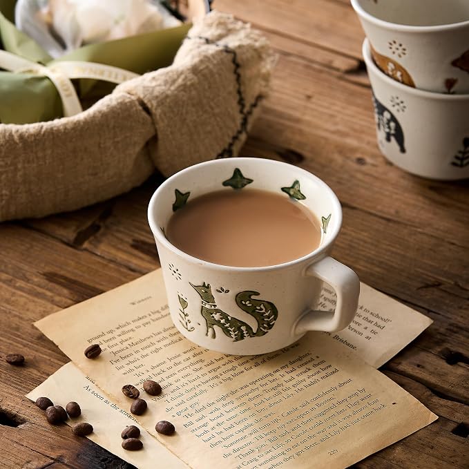 12 oz Vintage Ceramic Coffee Mug Set of 4 - Handmade Stoneware Pottery Countryside Farmhouse Fall Autumn Tea Mugs with Big Handle for Latte,Cocoa,Dishwasher & Microwave Safe Cups (Animals) - Image 8